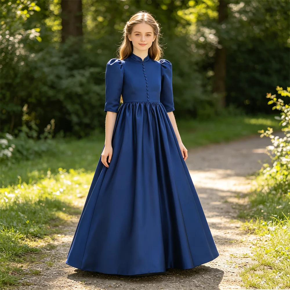 

It's Yiiya Customized Modest Flower Girl Dress Navy Blue Satin O-neck 3/4 Sleeves A-line Floor Length Quality Kids Gowns T059