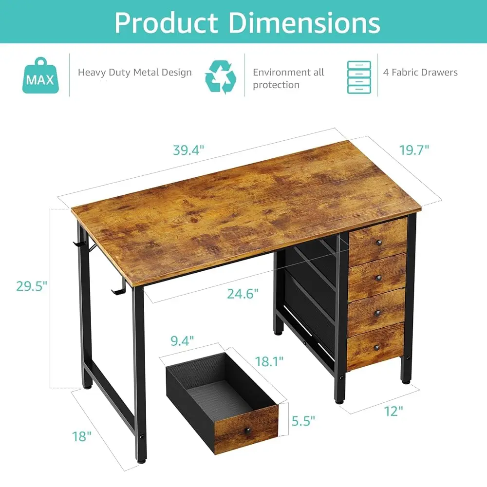 40 H Computer Desk With 4 Fabric Drawers, Kids Student Reversible Small Desks For Home Office Small Space, Work Pc Desk Table