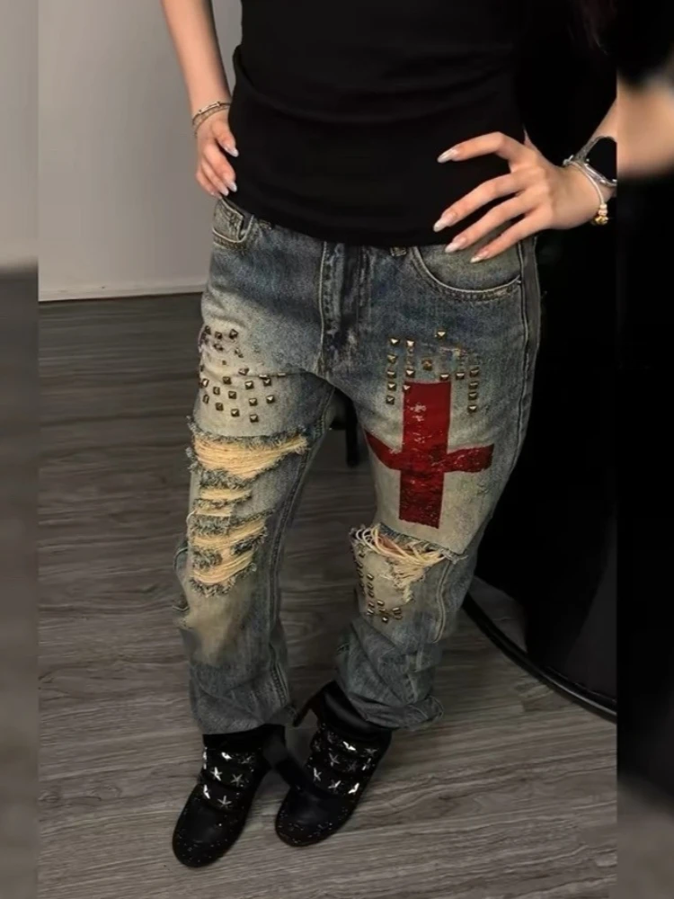 Vintage Grunge Faded Denim Gothic Jeans Cross Patch Straight Leg Pants Y2K Punk Gothic Streetwear Casual Trousers Female Daily