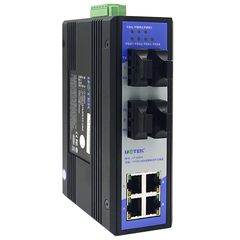 

Неуправляемый Ethernet-коммутатор UOTEK 100M с 4 оптоволоконными портами, 4 портами RJ-45, 8 портов, промышленный коммутатор на DIN-рейку UT-62404SM-ST