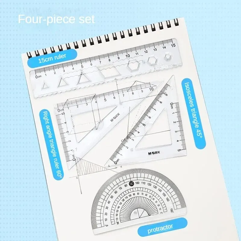 M&G 4pcs Miffy Student Soft Ruler Large Set (20cm/15cm Straight Ruler/Triangular Ruler*2/Protractor)  for Measuring Drawing Blue