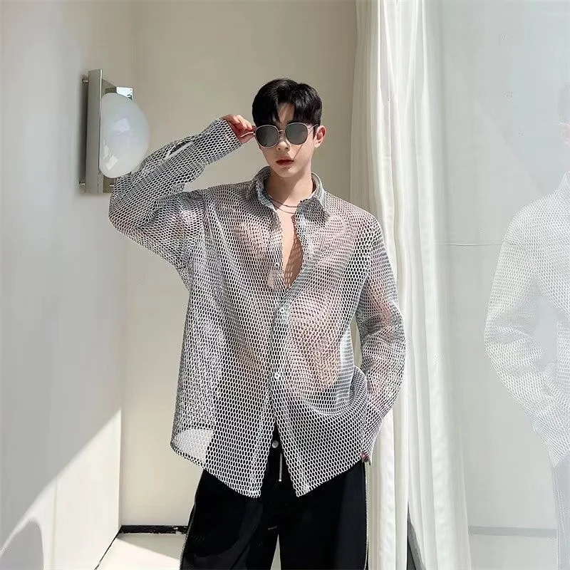 Silver Hollow Out Design Men Shirts See Through Sexy Tops Charming Allure Handsome Party Night Club Blouse Festival Holiday Tops