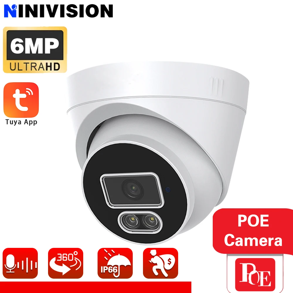 

6MP Tuya App Surveillance Dome POE Camera IP H265 Audio Dome Color Night Vision Human Detect CCTV Video Security For Tuya NVR