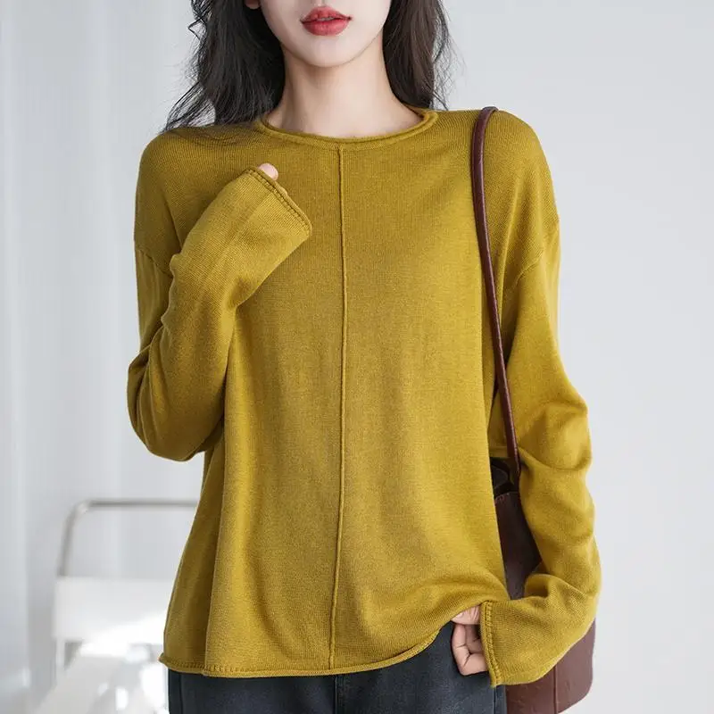 T-shirt à manches longues et col rond pour femme, pull polyvalent en fil de coton pur, nouvelle chemise de Base, haut ample, printemps et automne