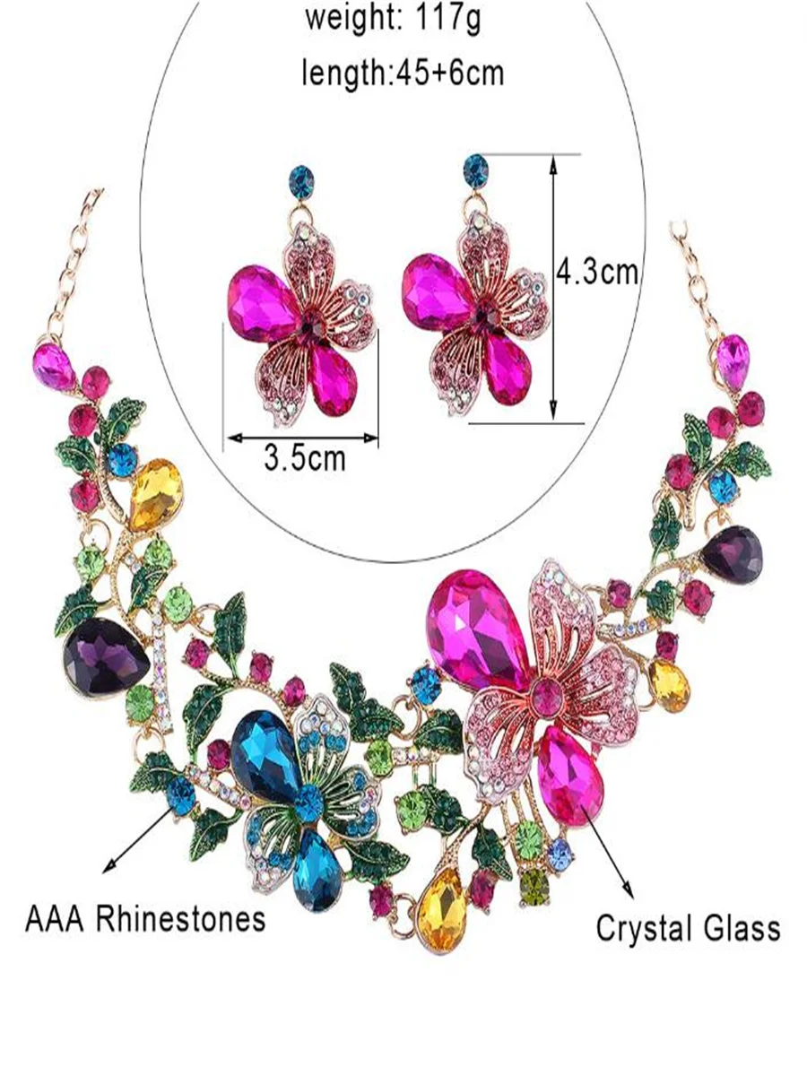 Color glass filled short clavicle necklace earrings set female bride dinner dress jewelry High-grade electroplated alloy