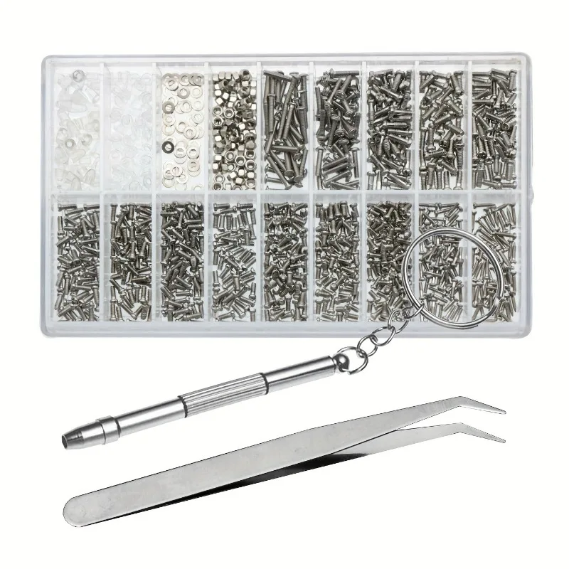 1000pcs Mini Screws Small Nuts Set Assortment DIY For Model Making Watch Glasses with Multi purpose screwdriver+ elbow tweezers