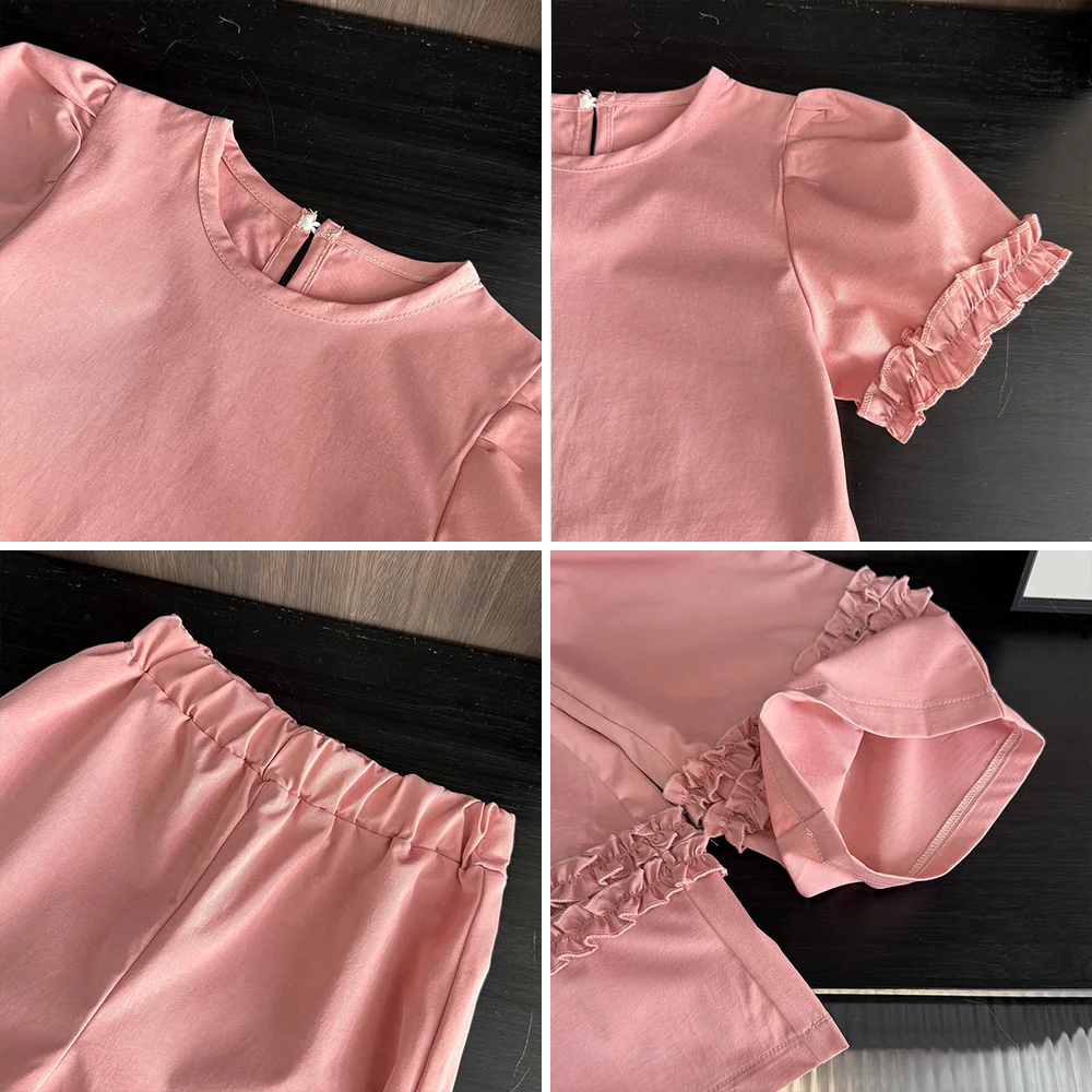 Bear Leader Pink Sweet Girls Clothes Summer New Korean Version Children\'s Set Splicing Pleated Short Sleeved Top+Pants 2Pcs