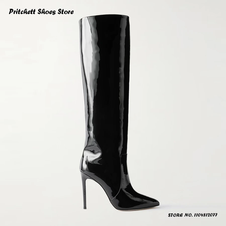 Women's Patent Leather Knee-high Boots Spring Autumn Slip On Stiletto Boots Elegant Pointed Toe Thin Heels Plus Size Shoes