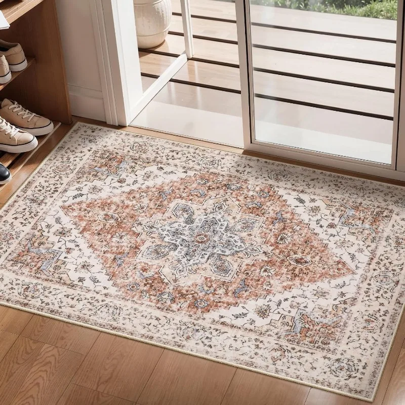 Vintage Beige Rust Persian Medallion Doormat Retro Oriental Distressed Ethnic Floral Welcome Floor Rug Boho Entrance Mat