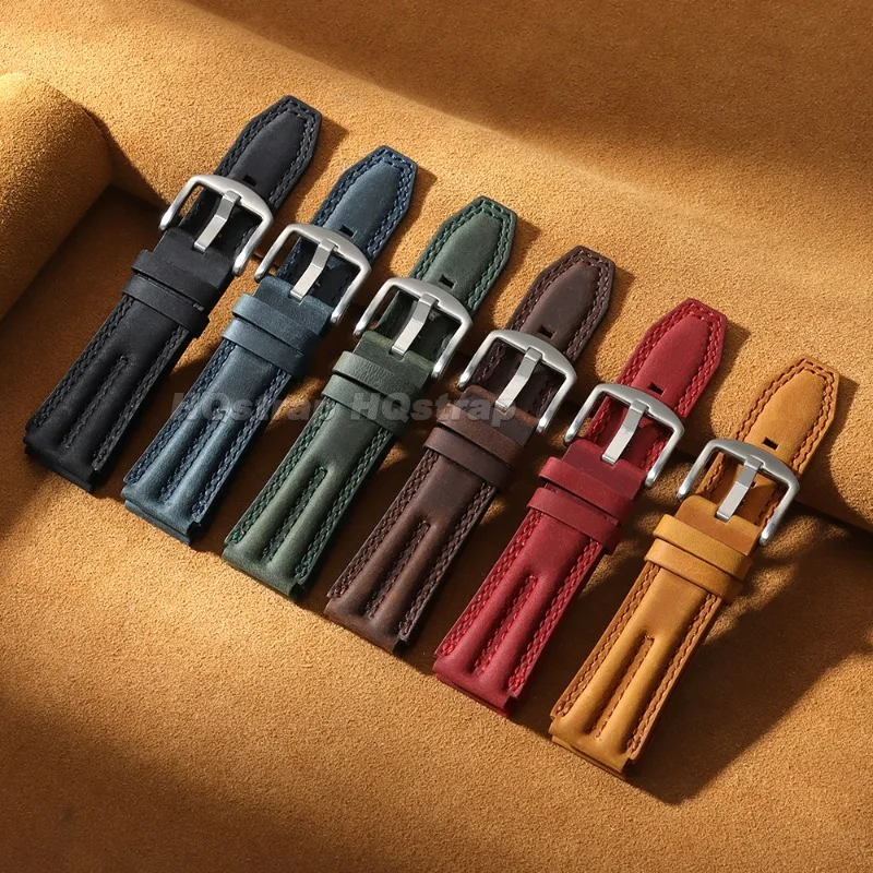 22mm Double Groove Vintage Leather Watch Strap Crazy Horse Cowhide Replacement Band for Omega for Seiko Upgrade Durable Bracelet