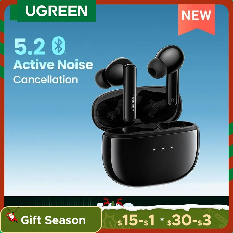 UGREEN HiTune T3 ANC Wireless TWS Bluetooth 5.2 Earphones Headset Active Noise Cancellation, in-Ear Mics Handfree Phone Earbuds