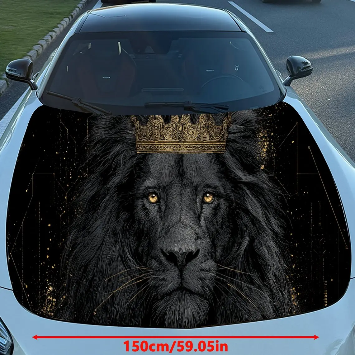Domineering Golden Crown Black Lion PVC Car Engine Hood Vinyl Wraps, Self-Adhesive Waterproof Car Hood Decal Sticker, Car Decora