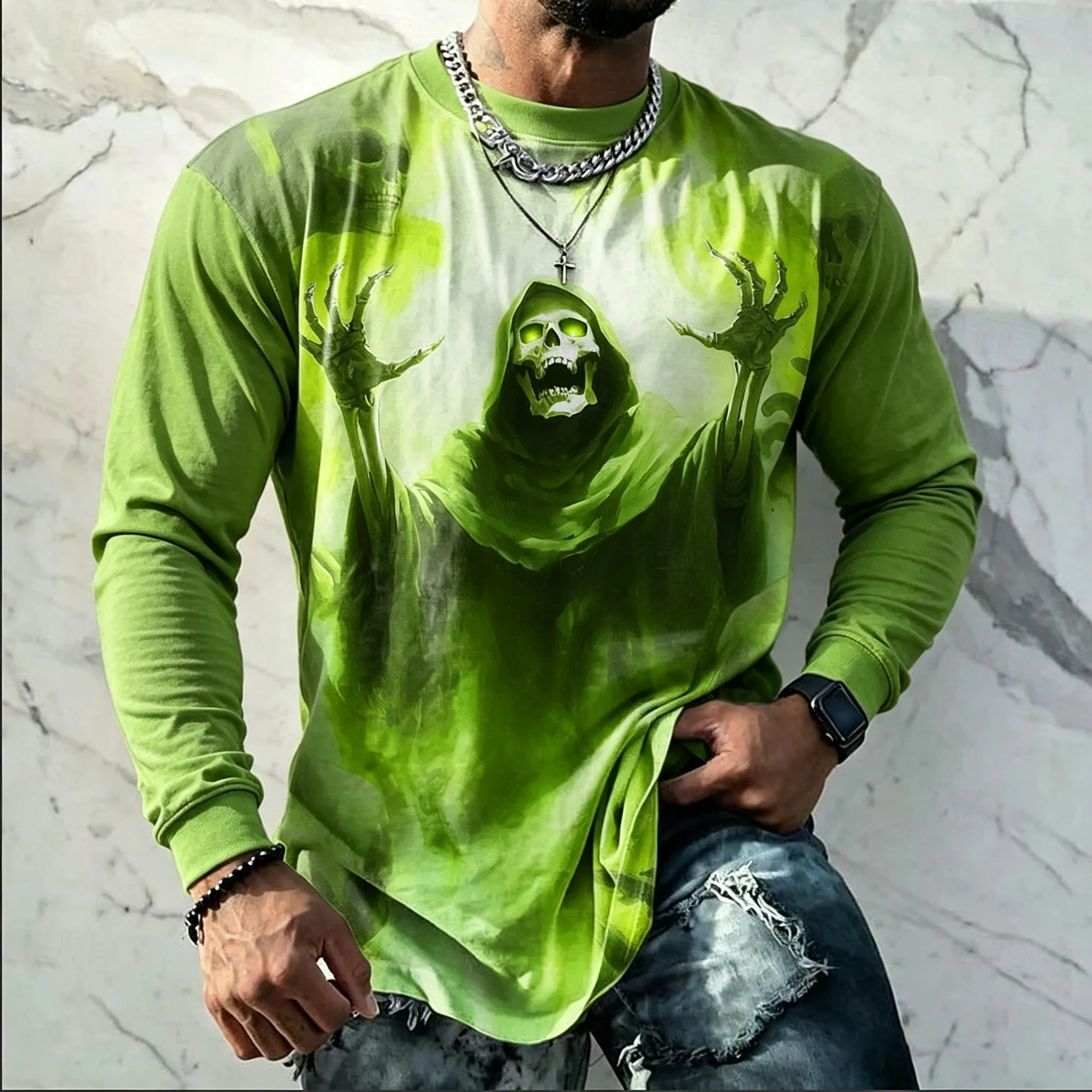 Men Grim Reaper Skull Print Long Sleeve Shirt Tie‑Dye Horror Ghost Graphic Crew Neck Top Casual Pullover Tees