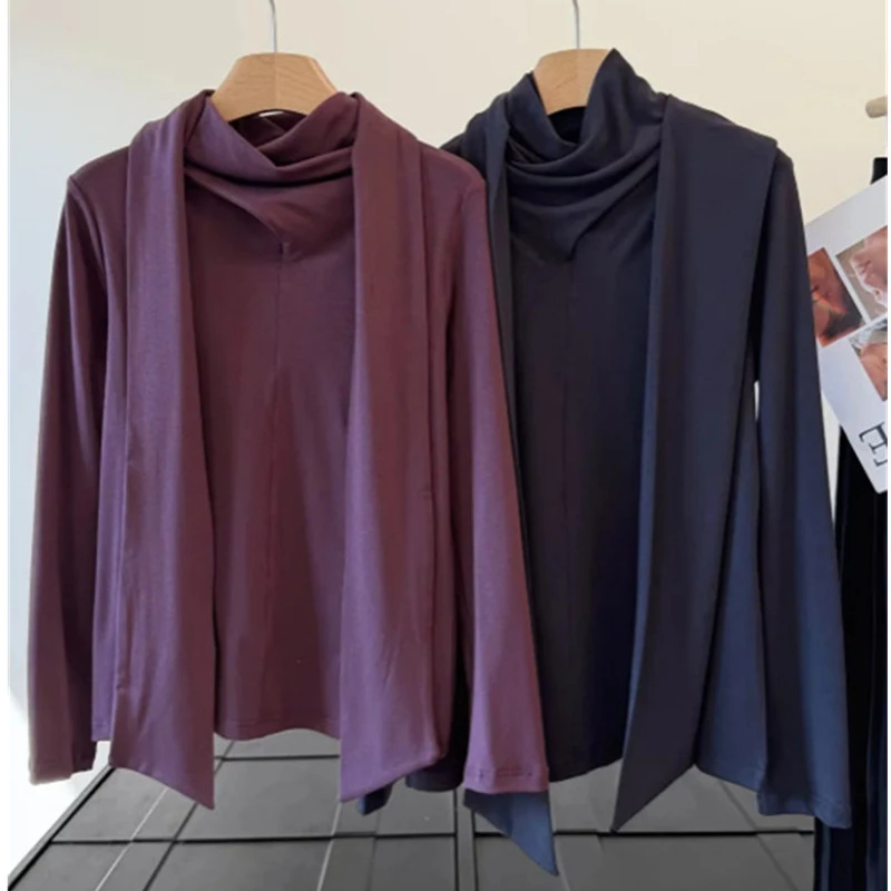 Maxdutti South French Retro Long Sleeved Knitted T-shirt Woman Minimalist  Commuting Casual Scarf Collar Shirt Top Woman Clothes