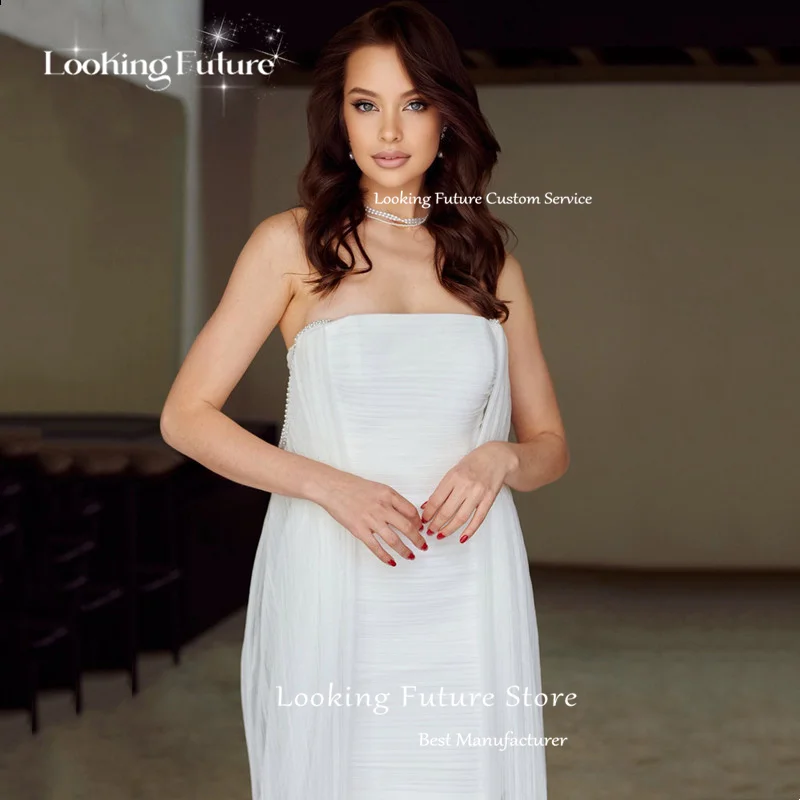 โมเดิร์นชีฟอง Mermaid Mini ชุดแต่งงานสีขาวจีบแขนกุดเซ็กซี่เปิดกลับ Lace-up Bridals Gowns ที่กําหนดเอง