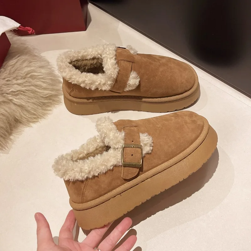 Nieuwe Stijl Winter Damesschoenen Pluche Mode Retro Bonenschoenen Katoen Dames Zool Slipper Platform Vrouwen Laars Zapatos Mujer