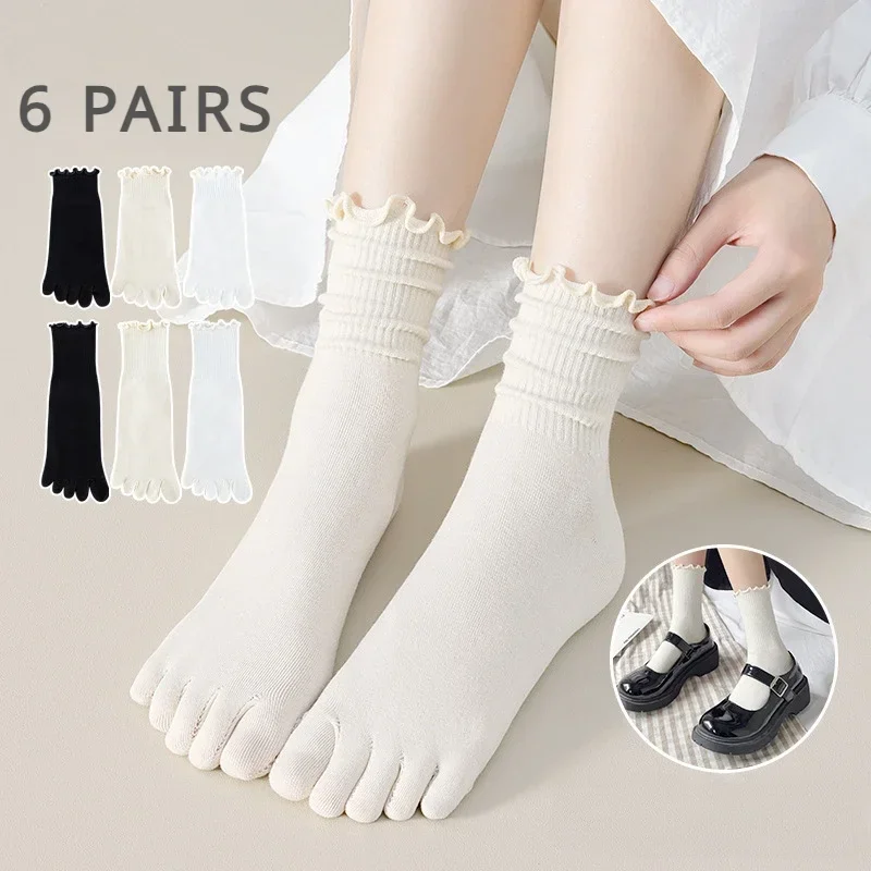6 Pairs Toe Socks Women Ruffles Summer Cotton Socks with Separate Fingers Yaga Pilates Sports Socks Five Finger