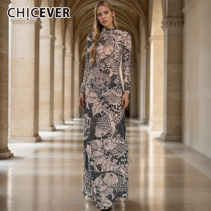 CHICEVER Sexy Pullover Bodycon Dresses For Women Turtleneck Long Sleeve High Waist Animal Printed Sheer Mesh Dress Female Autumn