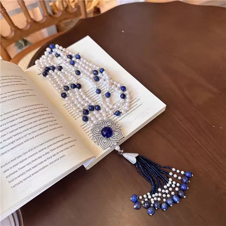 

Women's Natural Freshwater Pearl Lapis Lazuli Long Sweater Tassel Necklace