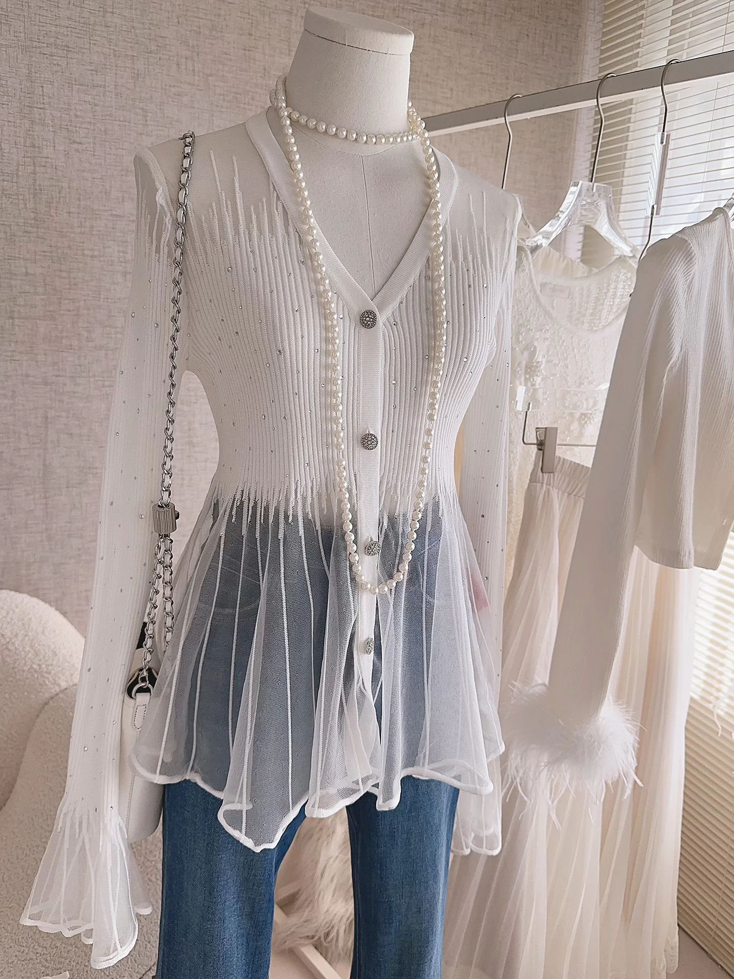 

Женский кардиган с V-образным вырезом, длинными рукавами, блестящими пышными рукавами, открытый, с защитой от УФ-излучения, легкий, из мягкого полиэфирного волокна