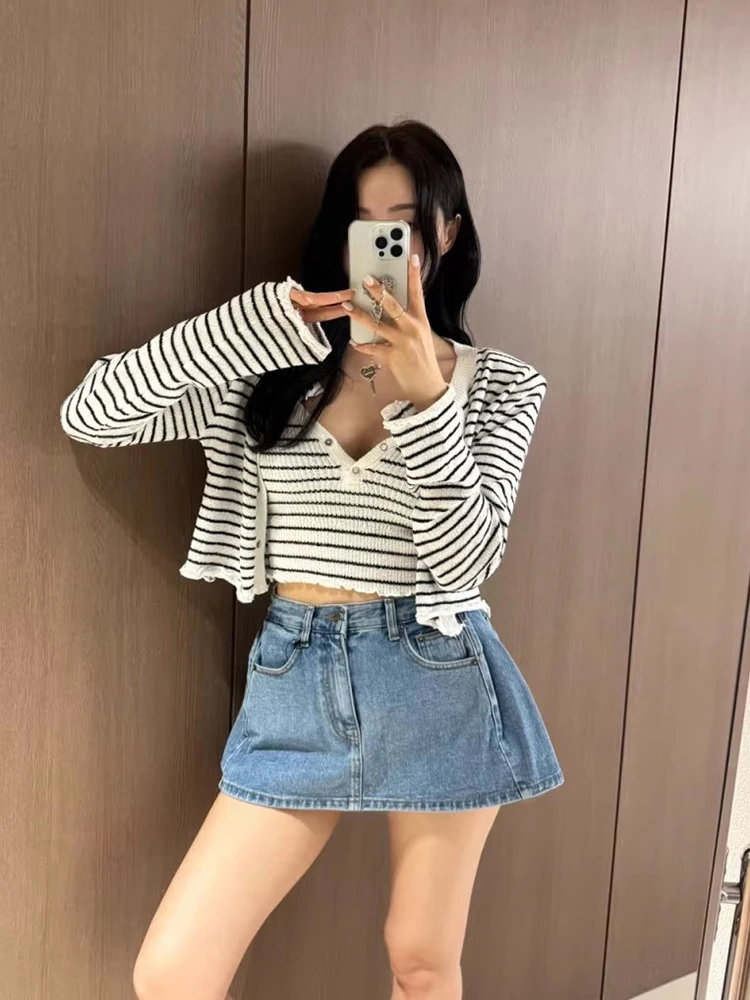 

Шикарный вязаный кардиган в полоску V-Ne, женский длинный све, внутренняя одежда, верхнее пальто, осеннее новое пальто Pure Desire Faion, для поездок на работу, S...