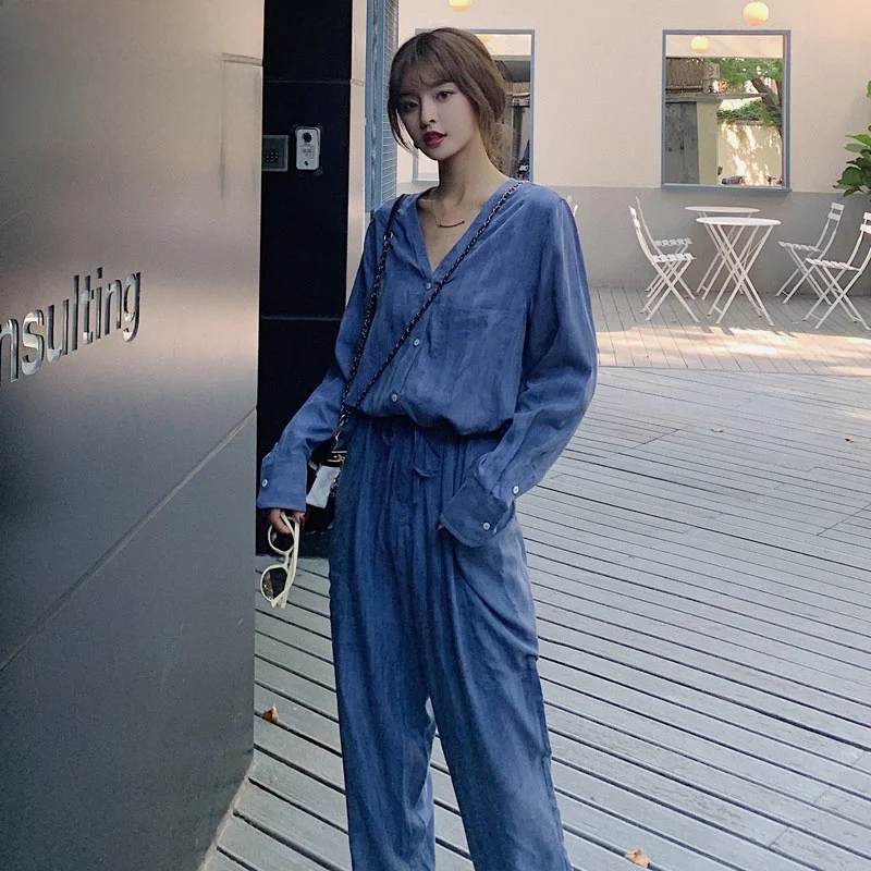

Spring 2025 High Waist Straight Leg Jumpsuit Set Women's Casual Long Sve Hong Kong Sle Comfortable Faionable Onesie