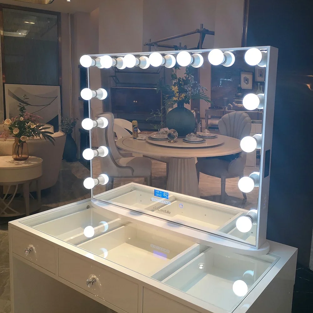 Stock on US! Smart speaker LED lighted table vanity hollywood mirror with 15pcs dimmable LED bulbs with USB and US/AU/UK socket