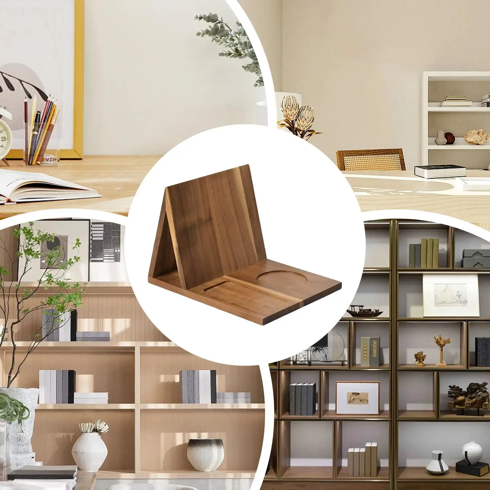 Wooden Book Stand with Cup Phone Slot Display Rustic Rest Book Stand Wooden Page Holder for Home Decor Bedroom Living Room