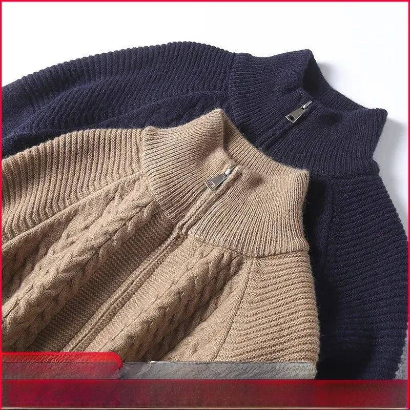 

Мужской вязаный свитер из шерстяной смеси с воротником на молнии, винтажный узор, мягкий на ощупь, модный городской стиль