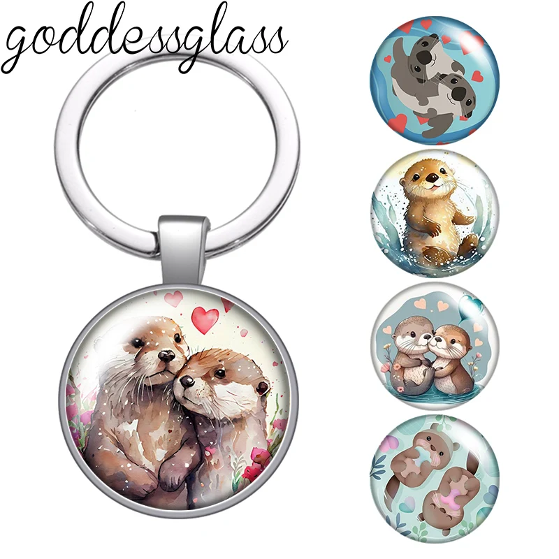 New Cute Cartoon Otter couples Animlas Photo glass cabochon keychain Bag Car key chain Ring Holder Charms keychains for Gifts