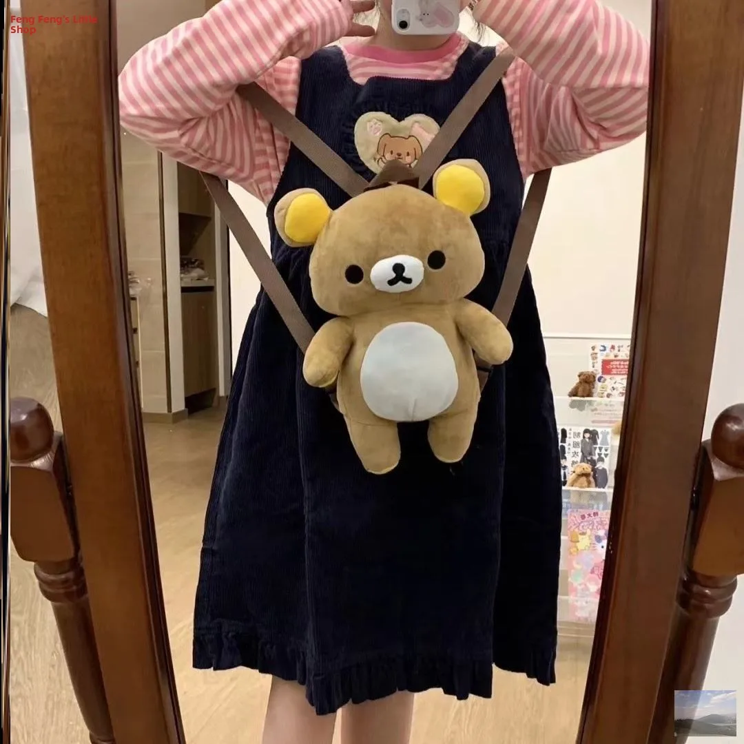 mochila-de-pelucia-adoravel-rilakkuma-bolsa-de-ombro-dupla-estilo-cartoon-tecido-io-de-poliester-uso-diario-tamanho-m