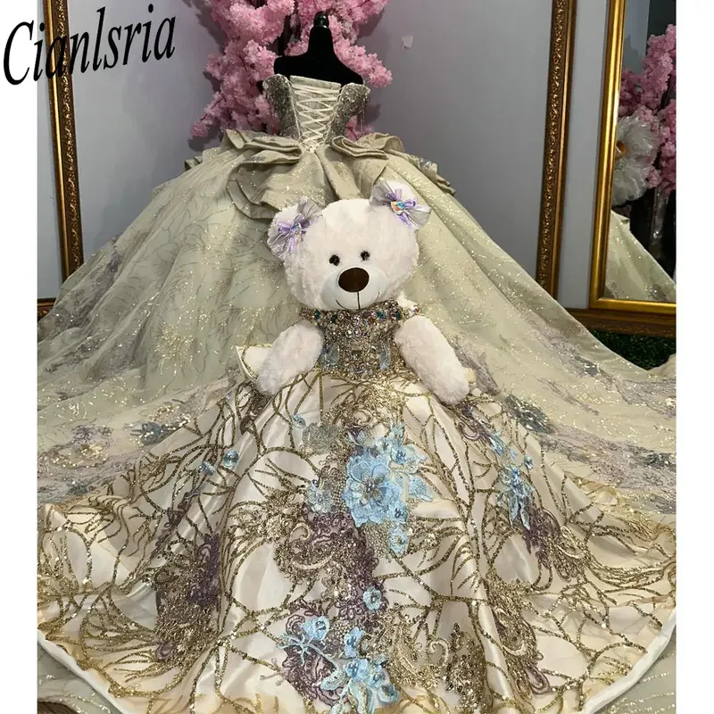 فساتين Quinceanera مطرزة باللون الذهبي اللامع والكشكشة والكريستال فستان حفلة قبالة الكتف مطرز بالخرز فساتين مخصصة من XV Anos #4