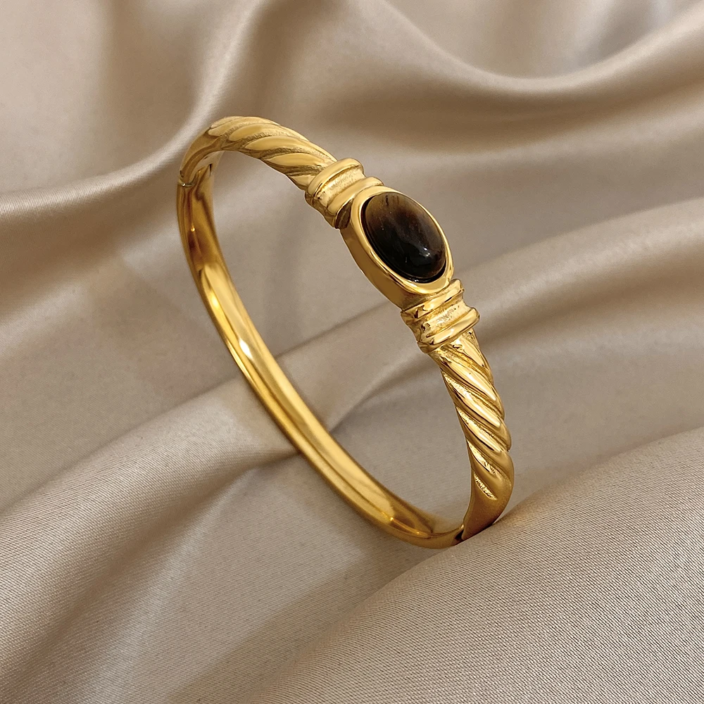 

Freetry Retro Tiger Eye Stone Stainless Steel Bracelet Women Trendy Gold Color Geometric Cuff Spring Bangle Waterproof Jewelry