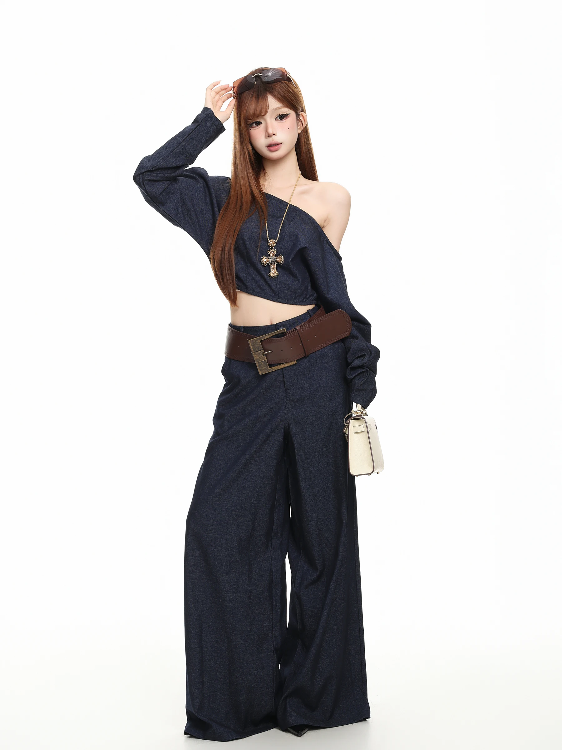 BASTERDS Retro Denim Set Casual Wide Leg Pants Two Piece Suit Women's Fall Fashion Shoulder Slant Long Sleeve Top