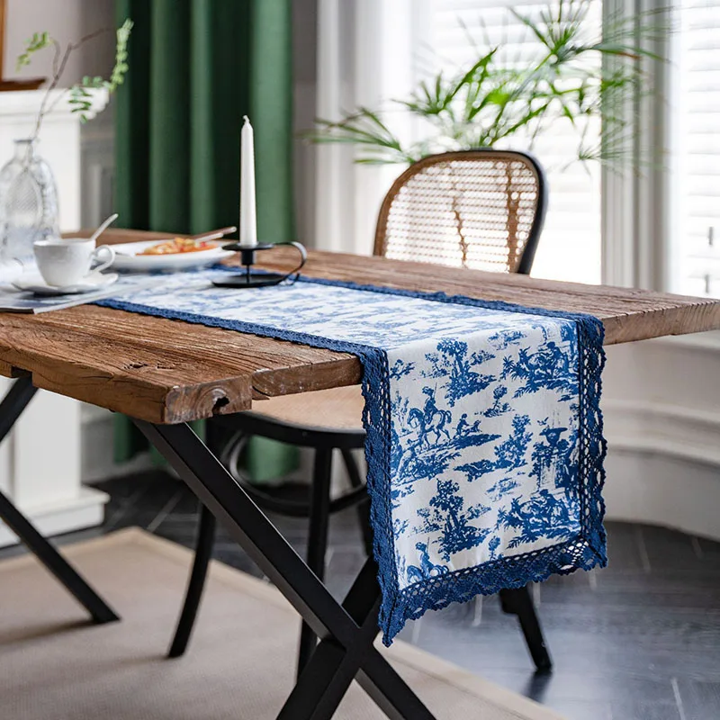 Pastoral Blue and White Porcelain Tablecloth Romantic Lace Table Cloth for Wedding Party Cozy Reusable Table Cover Decoration