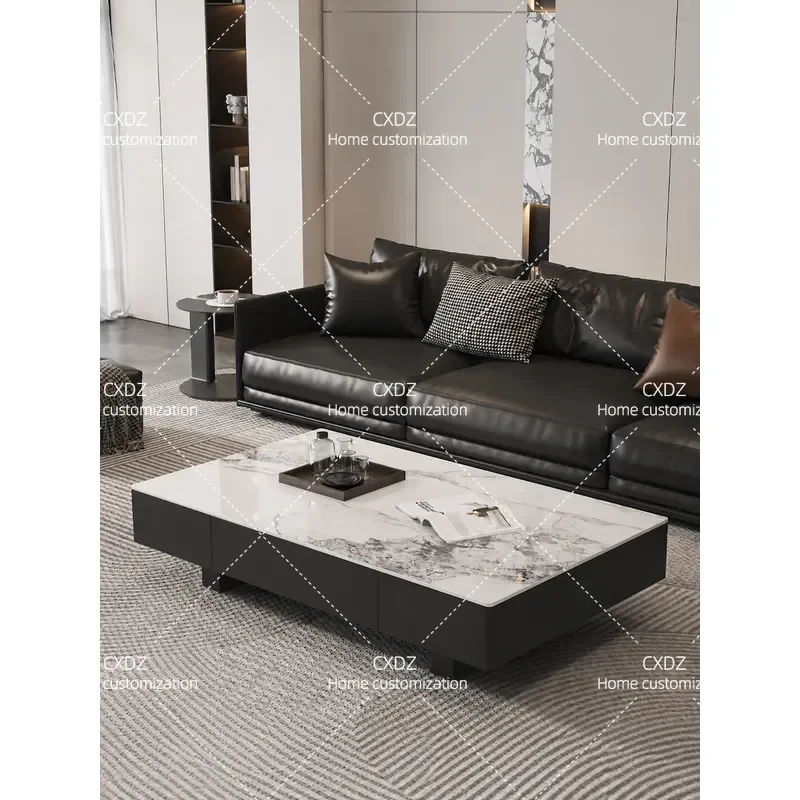 Solid Wood Rectangular Coffee Table with Stone Top Modern Simple Design for Living Room Apartment Home Furniture High End