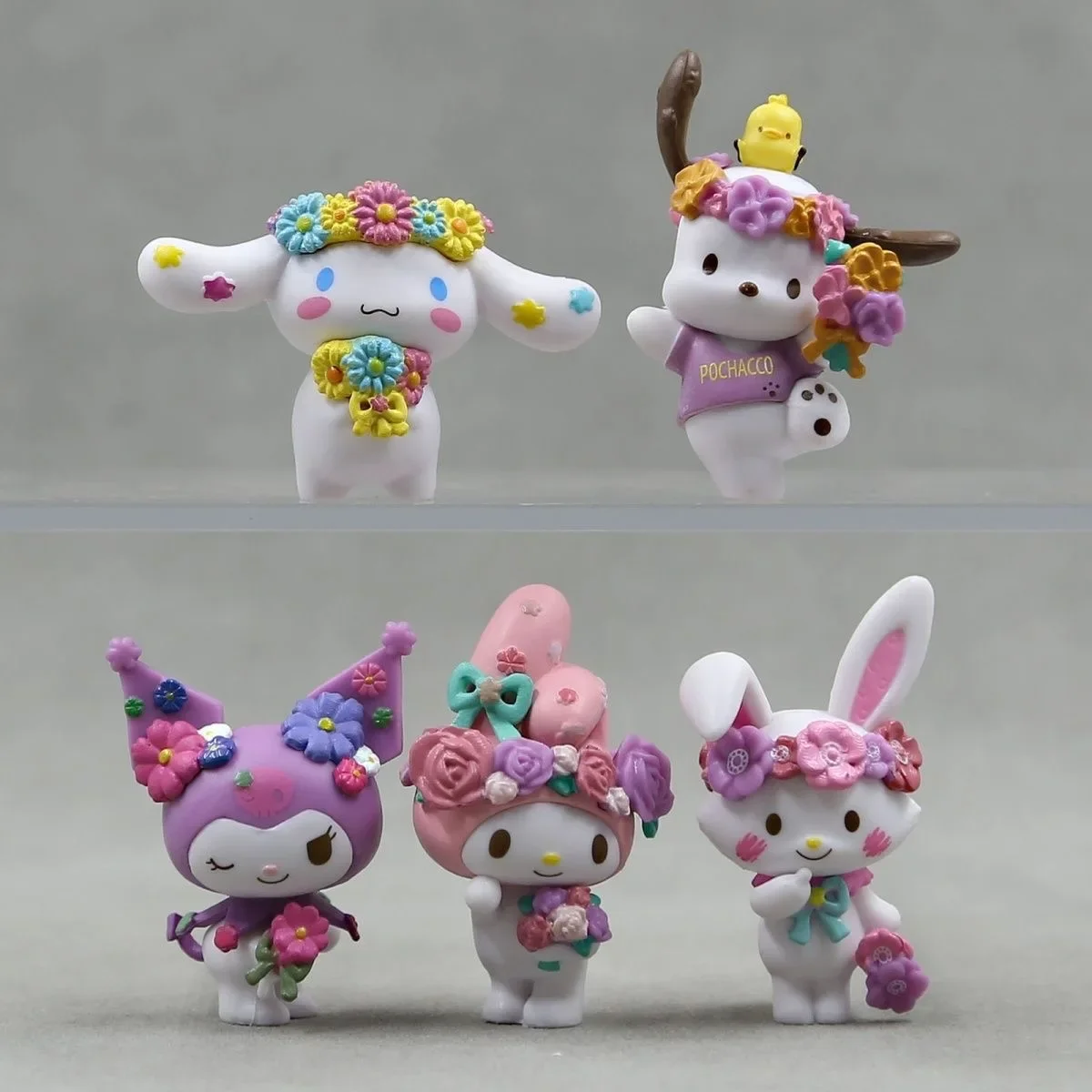 5pcs/set Sanrio Spring Flower Hello Kitty Kuromi Kawaii Toys Anime Figure Melody Cinnamoroll Cartoon Doll Decorations Suite Gift