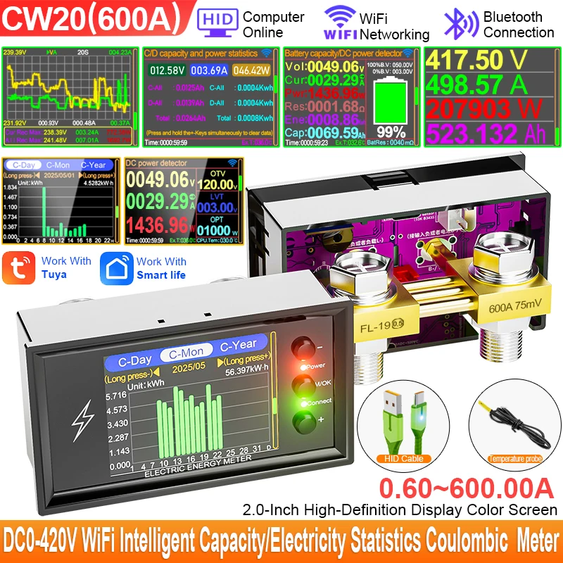 CW20 DC0-420V WiFi Tuya Smart Digital Lithium Batterie Kapazität Erkennung Tester DC Display Spannung Strom Power Coulomb Meter