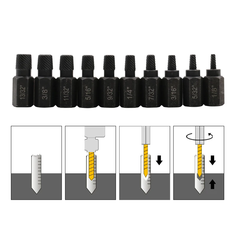 10pcs Heavy-Duty Screw Extractor Set Screw and Extractor Set for Removing Broken Screws  Bolts Stud Fittings Electric Tools