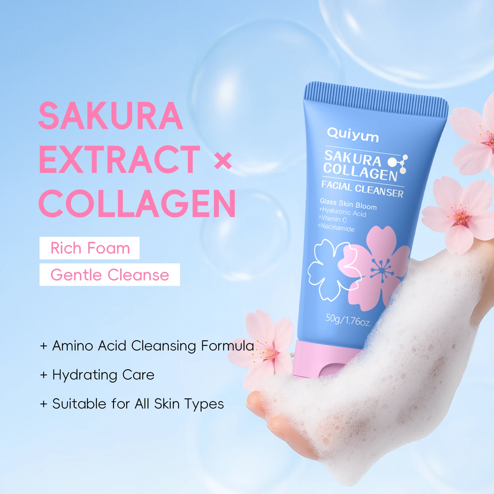 Quiyum Sakura Collagen Facial Cleanser 50g Daily Cleansing Refine Skin Texture with Hyaluronic Acid & Vitamin C Face Wash