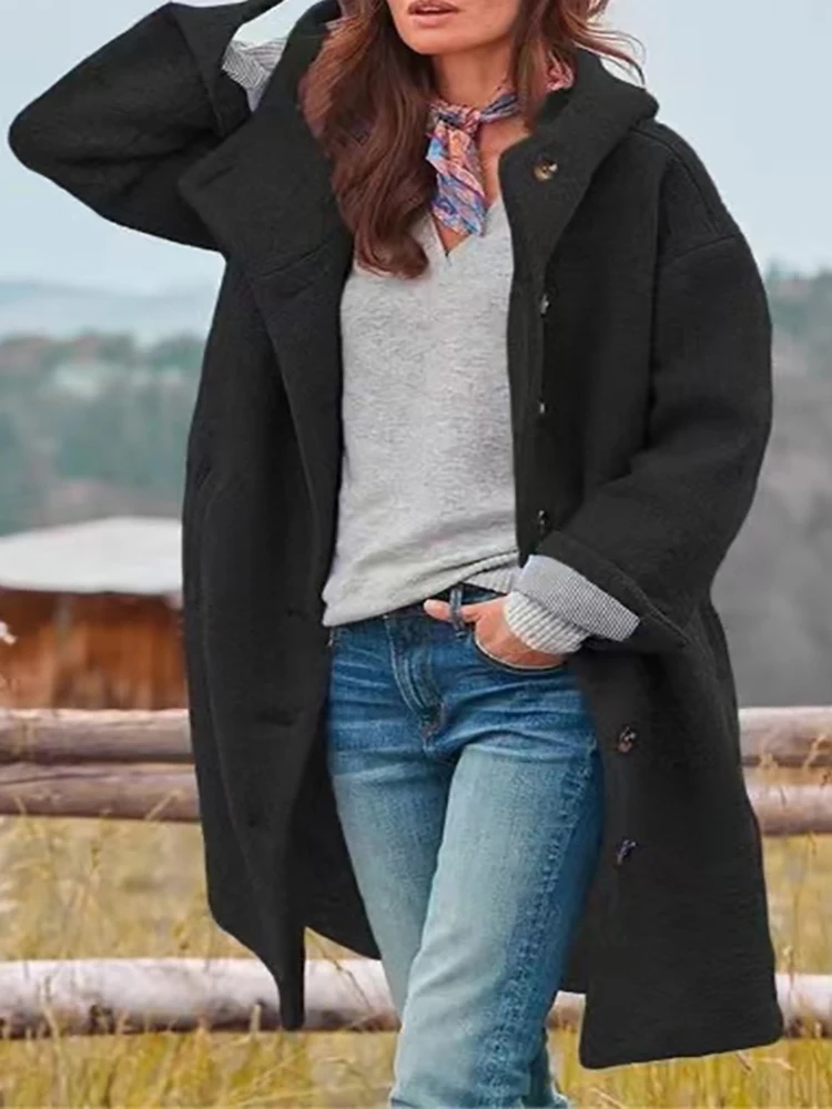 Women Autumn Winter 2022 Elegant Woolen Blends Long Sleeve Coat Lady Single Breasted Casual Hooded Jacket Trend Solid Streetwear