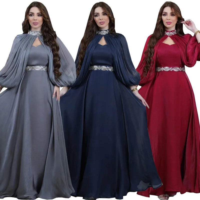 Middle Eastern Muslim Women\'s Two-piece Dresses Diamond Fashion Satin Robe Abaya Long Sleeves Shawl Elegant Evening Gowns