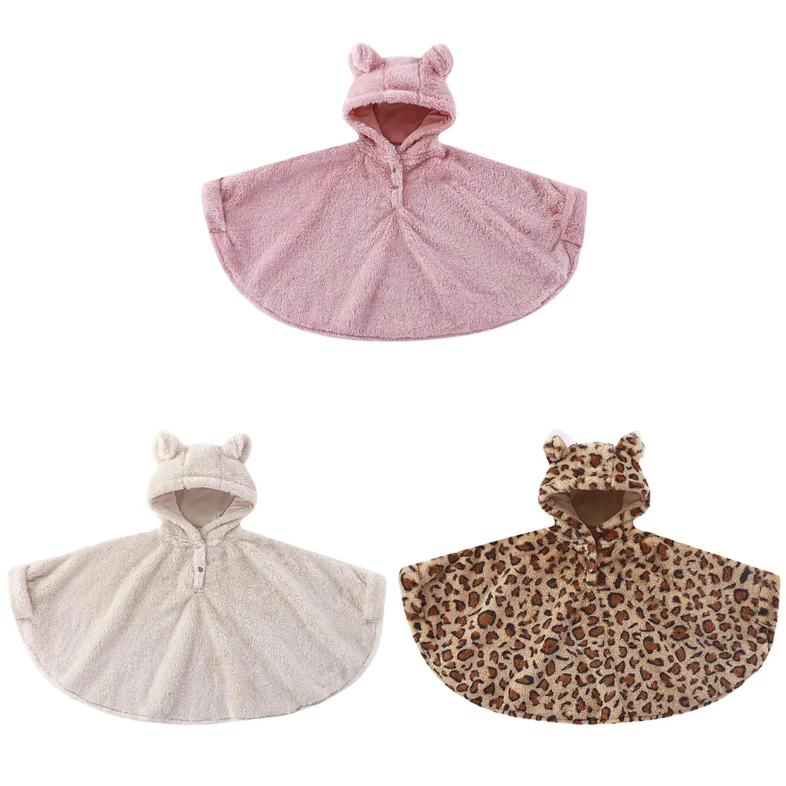 Kids Girls Boys Warm Coral Fleece Hooded Cloak Snowsuit Leopard Print/Solid Color Furry Cape Shawl Poncho Winter Outerwear