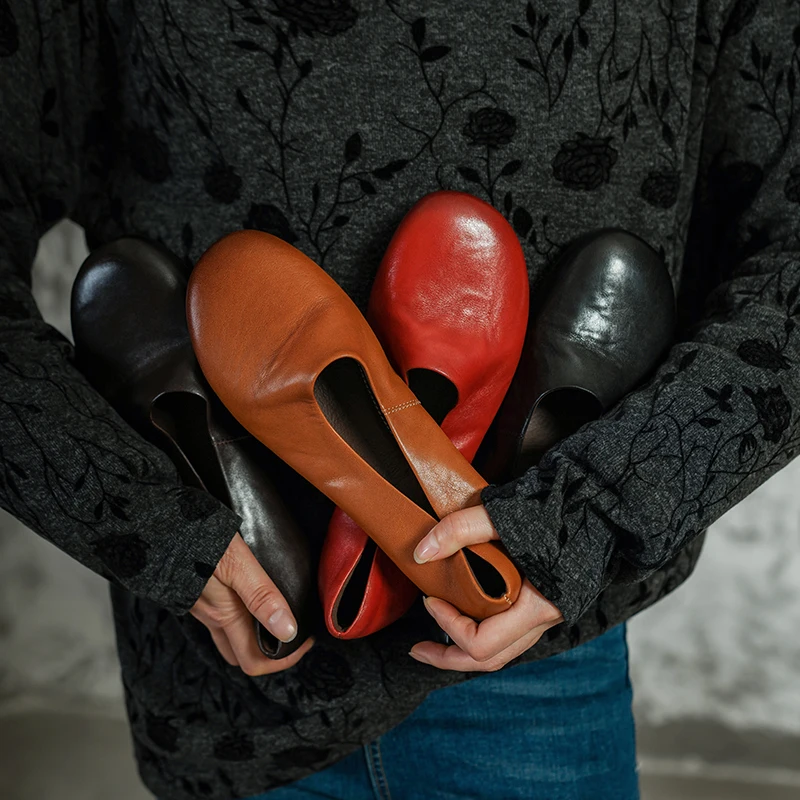 2026 new spring autumn women pumps natural leather plus size 22-25cm washed cowhide+pigskin round toe low heel women shoes