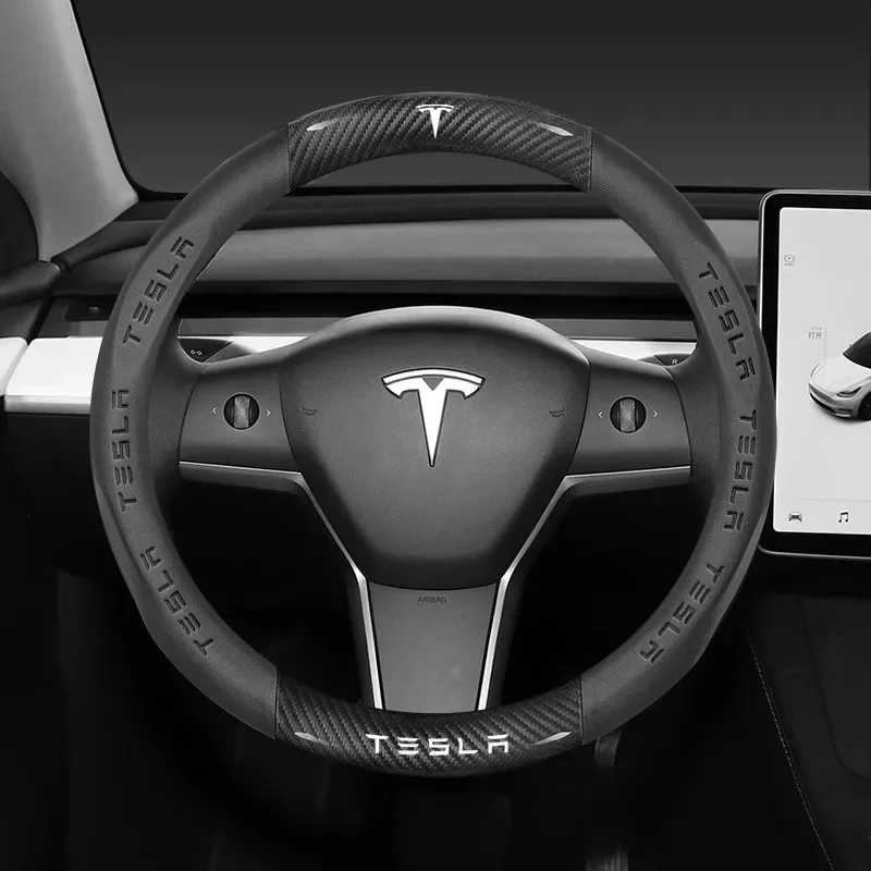 

Car Carbon Fiber Leather Anti-Slip Steering Wheel Cover For Tesla Cybertruck Beast Roadster Model 3 Model Y Model S Model X