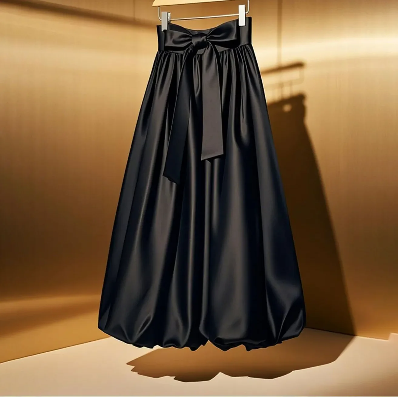 Women Black Satin Maxi Skirt Big Bow High Waist Pleated Flowy A Line Long Balloon Hem Evening Party Formal Skirts 2026 New