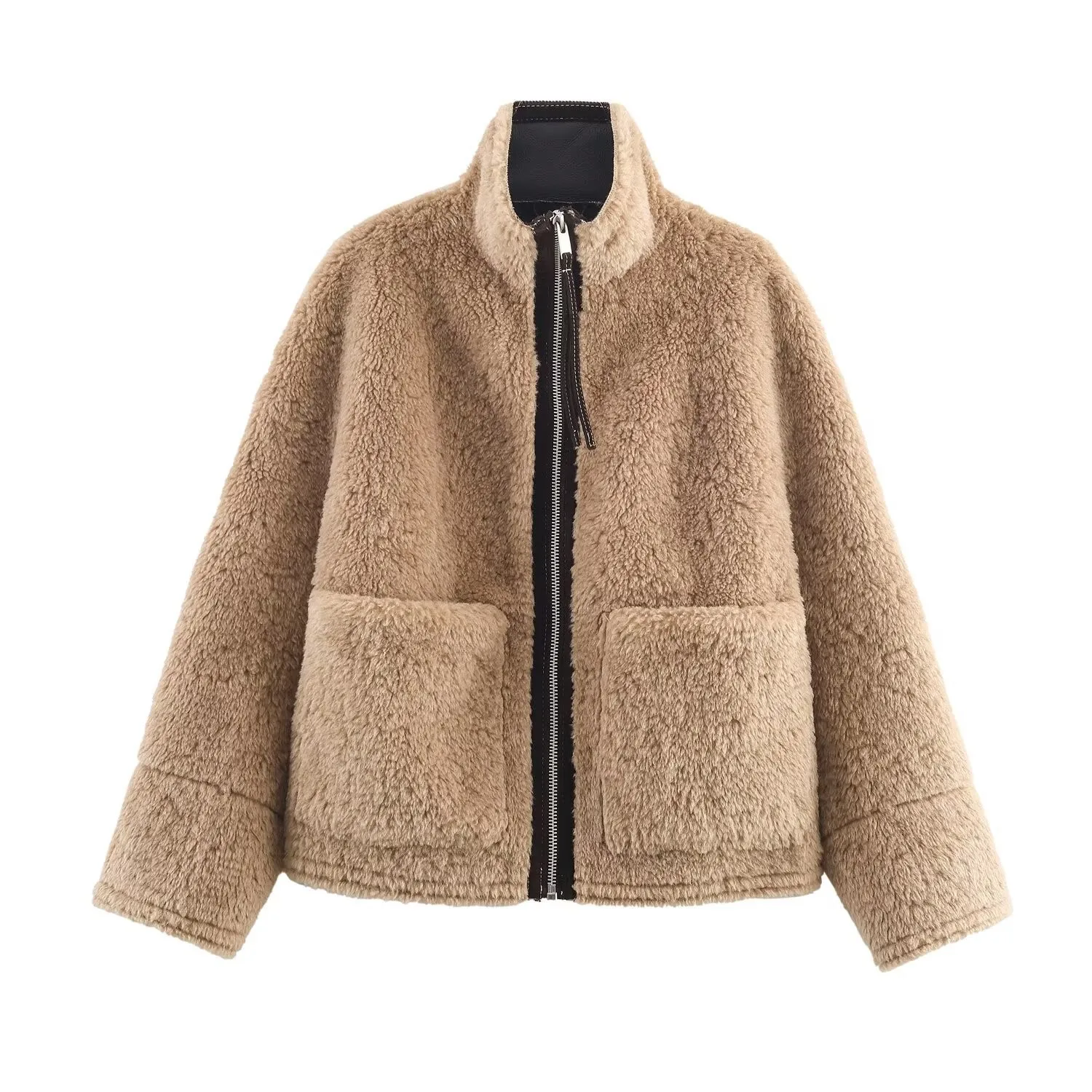 Loose Fit Stand Collar Coat with Long Sleeve Zipper Closure European and American Style Medium Thickness Women Winter Jacket