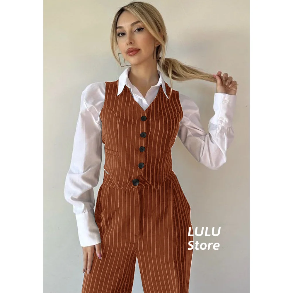 Women's Vest Pants Suit Striped Slim Fit V -Neck Sleeveless Navy Blue High Quality Set conjuntos para mujeres 2 piezas elegantes