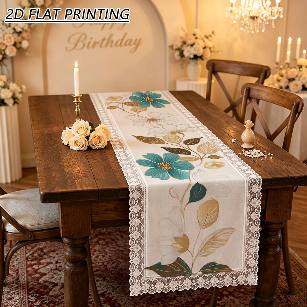 1pc Teal Floral Vine Pattern Tulle Lace Table Runner For Home Decor Wedding Banquet