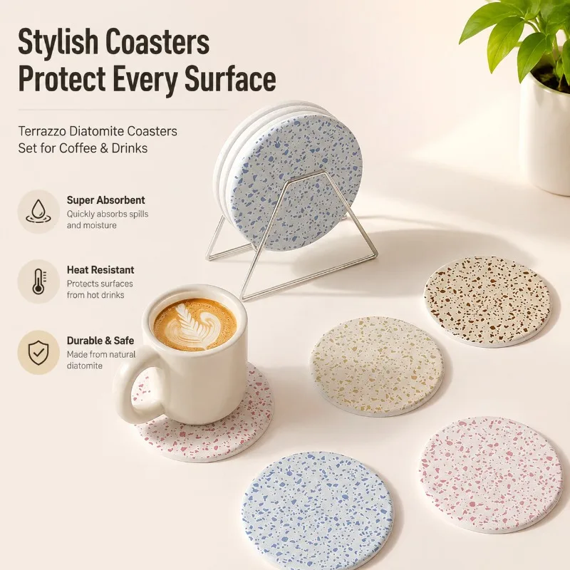 Terrazzo Diatomite Coasters Absorbent Drink Coasters Heat Resistant Table Mat Set for Coffee Cups
